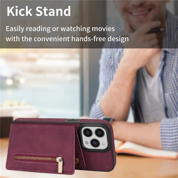 For iPhone 16 Pro Max Case Zipper Wallet Kickstand PU+TPU Phone Cover