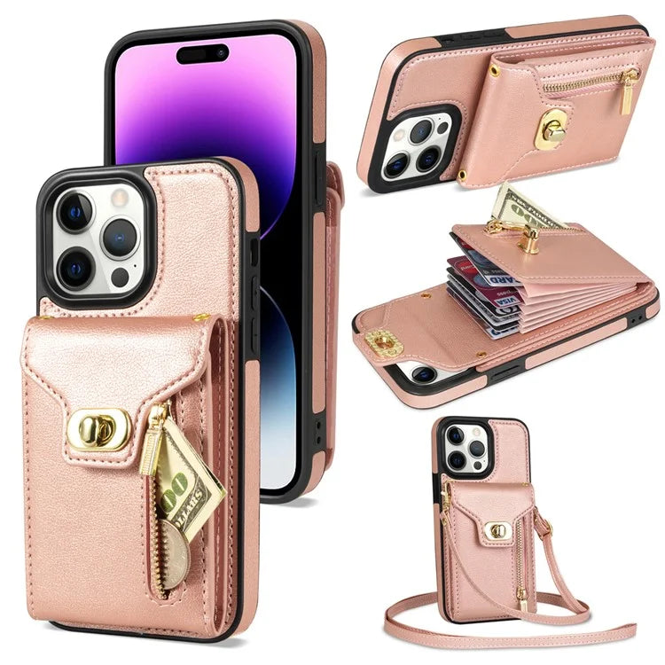 For iPhone 16 Pro Case Card Slots Kickstand PU+TPU Phone Cover with Shoulder Strap