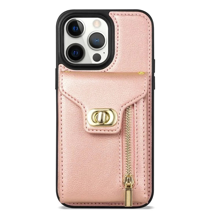 For iPhone 16 Pro Case Card Slots Kickstand PU+TPU Phone Cover with Shoulder Strap