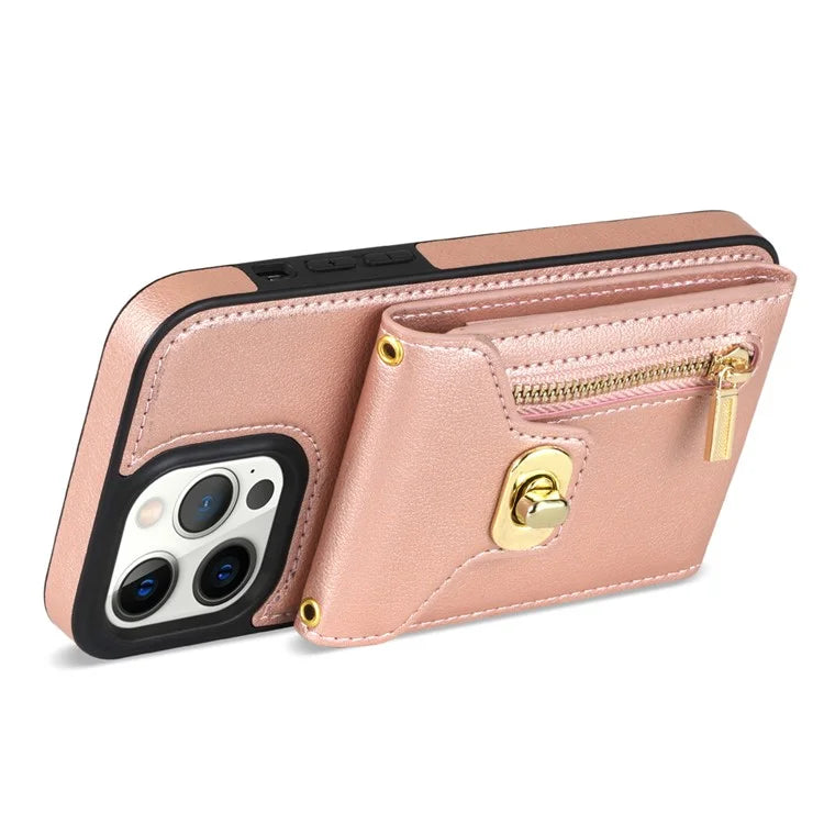For iPhone 16 Pro Case Card Slots Kickstand PU+TPU Phone Cover with Shoulder Strap