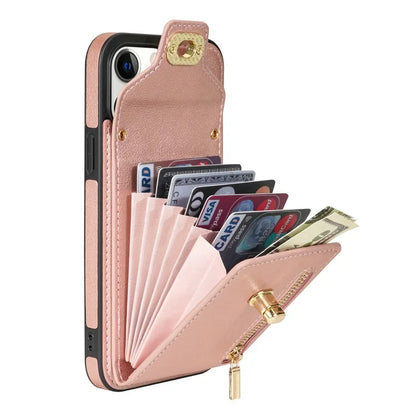 For iPhone 16 Pro Case Card Slots Kickstand PU+TPU Phone Cover with Shoulder Strap