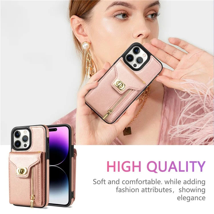 For iPhone 16 Pro Case Card Slots Kickstand PU+TPU Phone Cover with Shoulder Strap