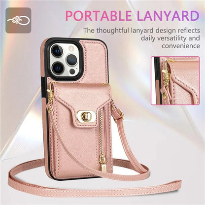 For iPhone 16 Pro Case Card Slots Kickstand PU+TPU Phone Cover with Shoulder Strap