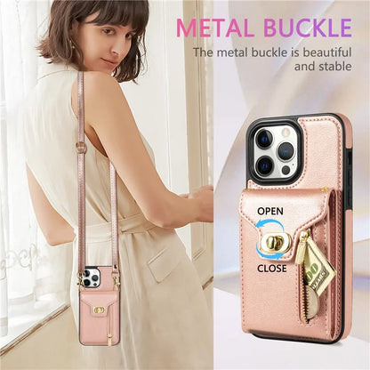For iPhone 16 Pro Case Card Slots Kickstand PU+TPU Phone Cover with Shoulder Strap