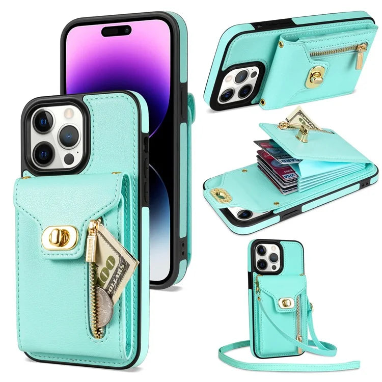 For iPhone 16 Pro Case Card Slots Kickstand PU+TPU Phone Cover with Shoulder Strap