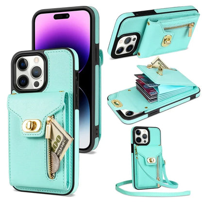 For iPhone 16 Pro Case Card Slots Kickstand PU+TPU Phone Cover with Shoulder Strap