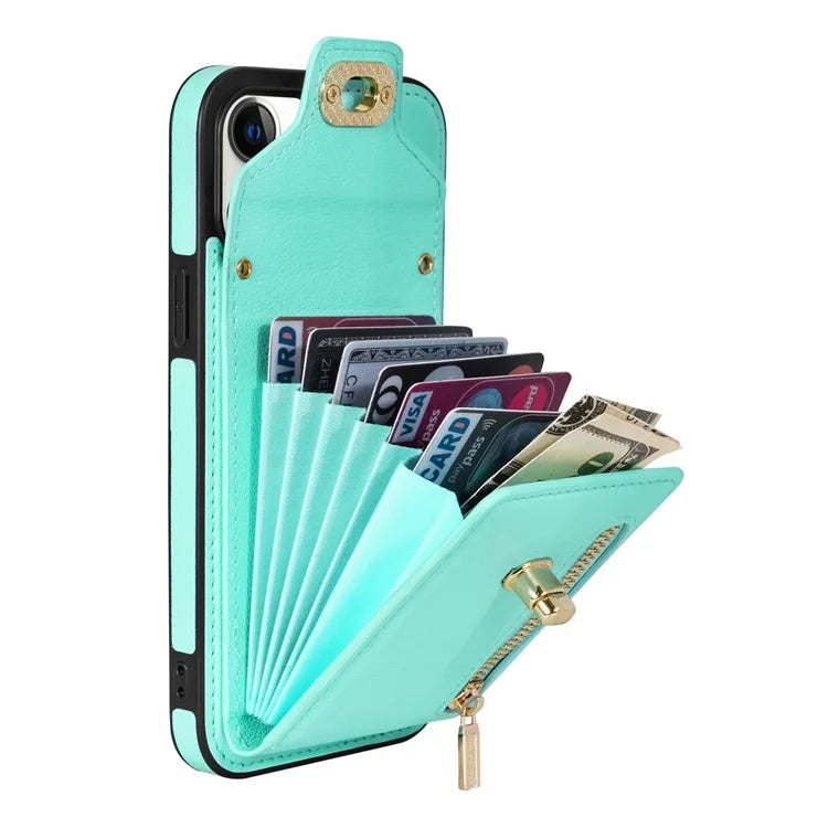 For iPhone 16 Pro Case Card Slots Kickstand PU+TPU Phone Cover with Shoulder Strap