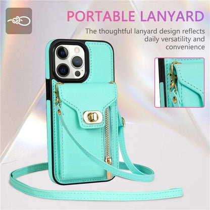 For iPhone 16 Pro Case Card Slots Kickstand PU+TPU Phone Cover with Shoulder Strap
