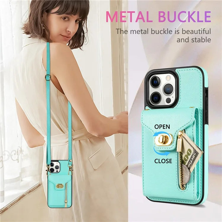 For iPhone 16 Pro Case Card Slots Kickstand PU+TPU Phone Cover with Shoulder Strap