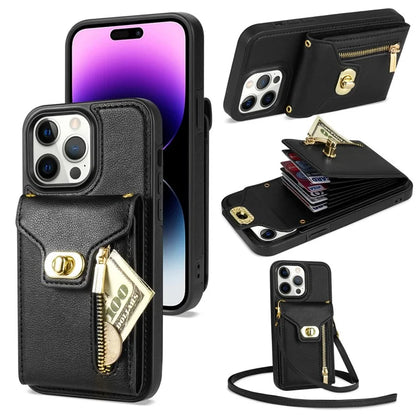 For iPhone 16 Pro Case Card Slots Kickstand PU+TPU Phone Cover with Shoulder Strap