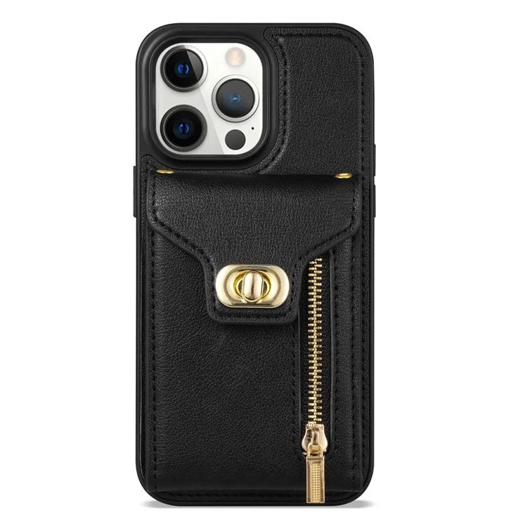 For iPhone 16 Pro Case Card Slots Kickstand PU+TPU Phone Cover with Shoulder Strap
