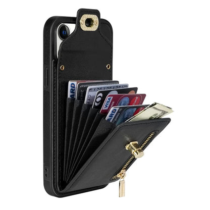 For iPhone 16 Pro Case Card Slots Kickstand PU+TPU Phone Cover with Shoulder Strap