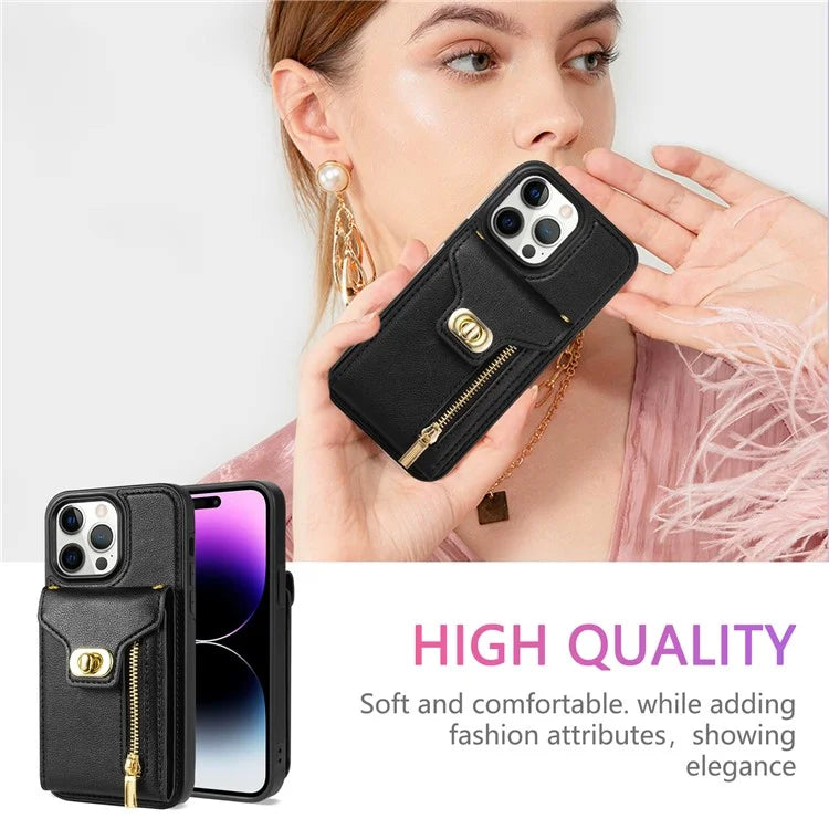 For iPhone 16 Pro Case Card Slots Kickstand PU+TPU Phone Cover with Shoulder Strap