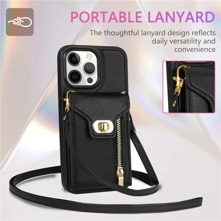 For iPhone 16 Pro Case Card Slots Kickstand PU+TPU Phone Cover with Shoulder Strap