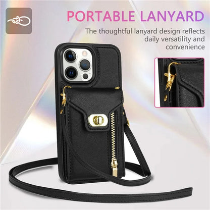 For iPhone 16 Pro Case Card Slots Kickstand PU+TPU Phone Cover with Shoulder Strap