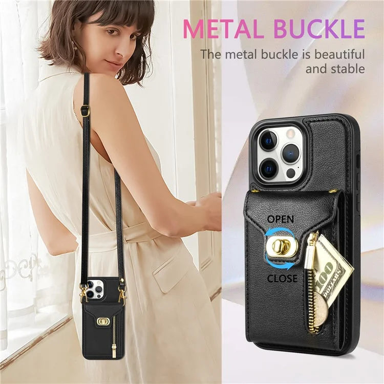For iPhone 16 Pro Case Card Slots Kickstand PU+TPU Phone Cover with Shoulder Strap