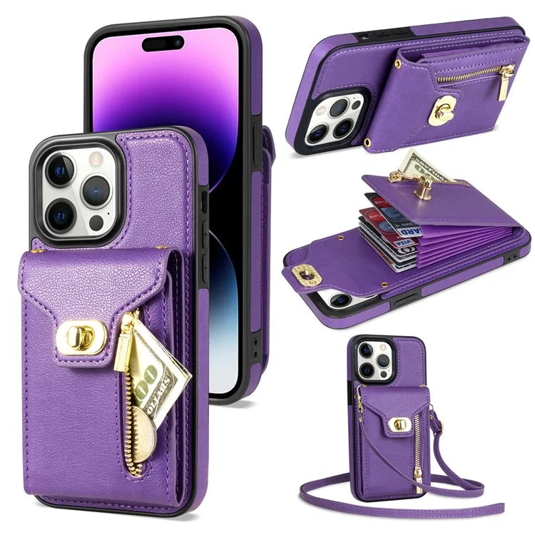 For iPhone 16 Pro Case Card Slots Kickstand PU+TPU Phone Cover with Shoulder Strap