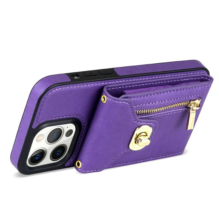 For iPhone 16 Pro Case Card Slots Kickstand PU+TPU Phone Cover with Shoulder Strap