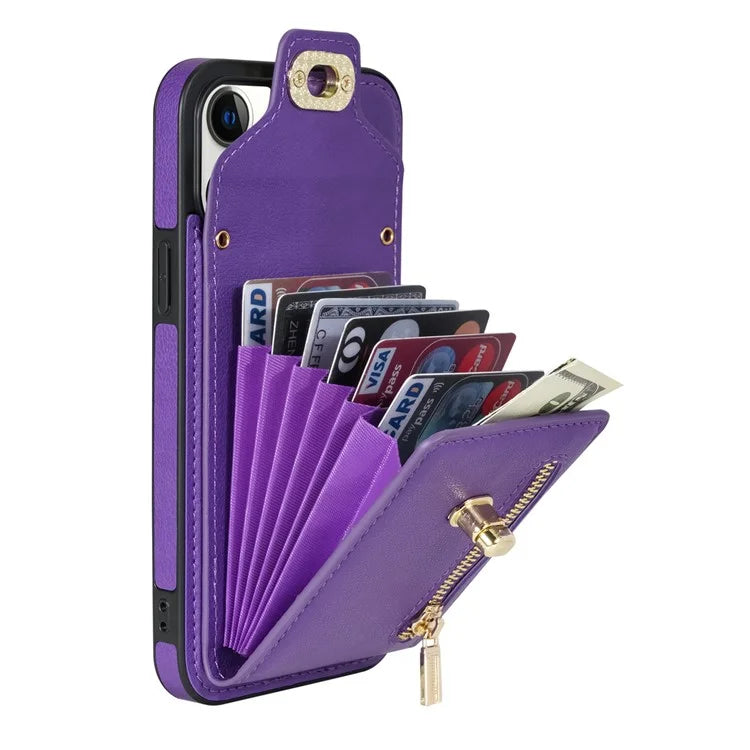 For iPhone 16 Pro Case Card Slots Kickstand PU+TPU Phone Cover with Shoulder Strap