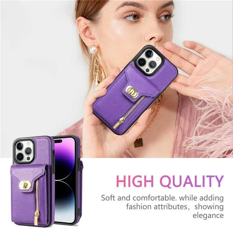 For iPhone 16 Pro Case Card Slots Kickstand PU+TPU Phone Cover with Shoulder Strap