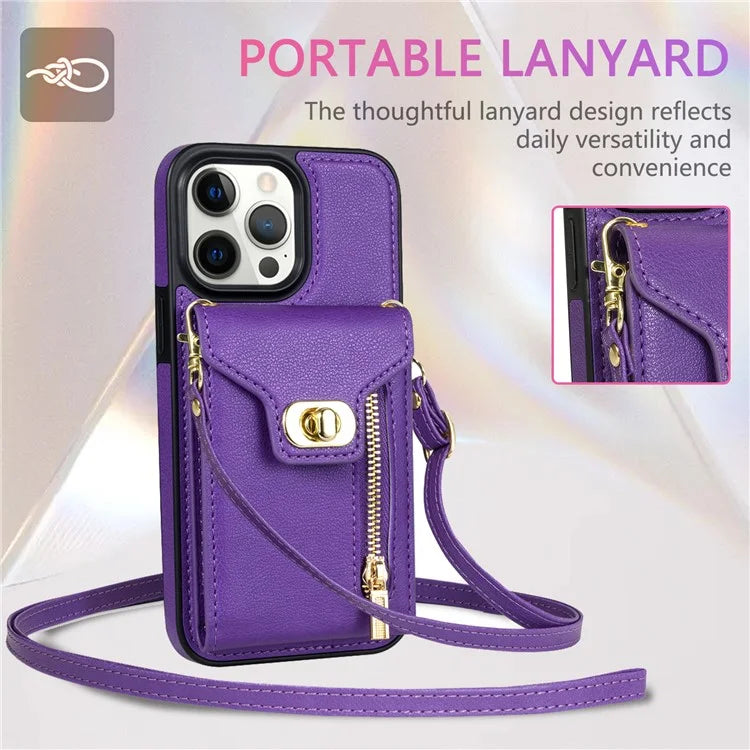 For iPhone 16 Pro Case Card Slots Kickstand PU+TPU Phone Cover with Shoulder Strap