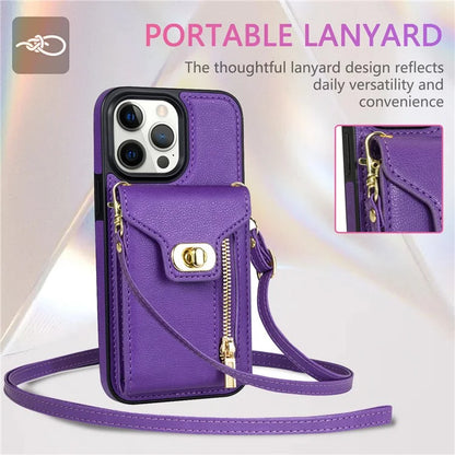 For iPhone 16 Pro Case Card Slots Kickstand PU+TPU Phone Cover with Shoulder Strap