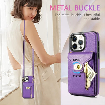 For iPhone 16 Pro Case Card Slots Kickstand PU+TPU Phone Cover with Shoulder Strap