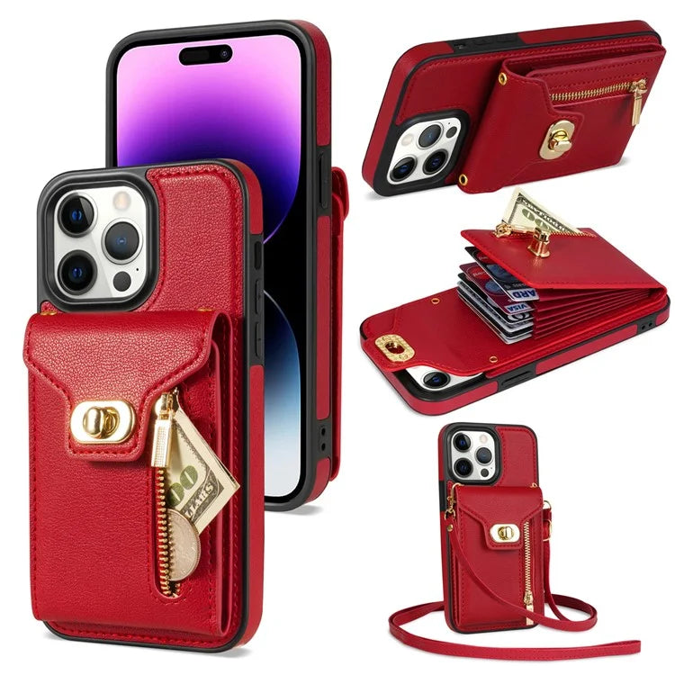 For iPhone 16 Pro Case Card Slots Kickstand PU+TPU Phone Cover with Shoulder Strap