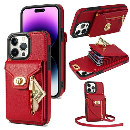 For iPhone 16 Pro Case Card Slots Kickstand PU+TPU Phone Cover with Shoulder Strap