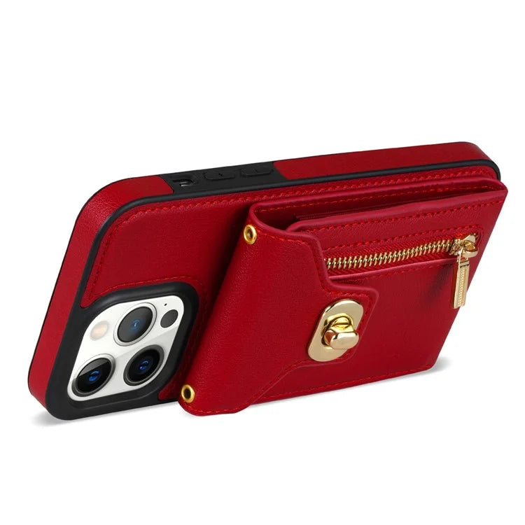For iPhone 16 Pro Case Card Slots Kickstand PU+TPU Phone Cover with Shoulder Strap