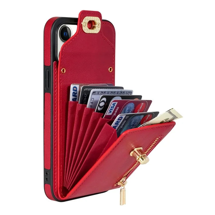 For iPhone 16 Pro Case Card Slots Kickstand PU+TPU Phone Cover with Shoulder Strap