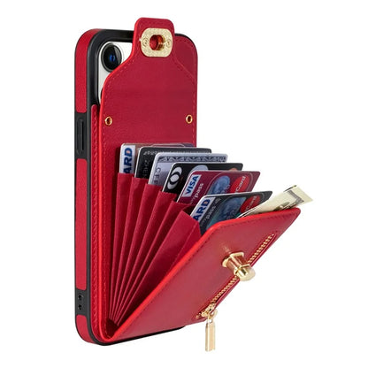 For iPhone 16 Pro Case Card Slots Kickstand PU+TPU Phone Cover with Shoulder Strap