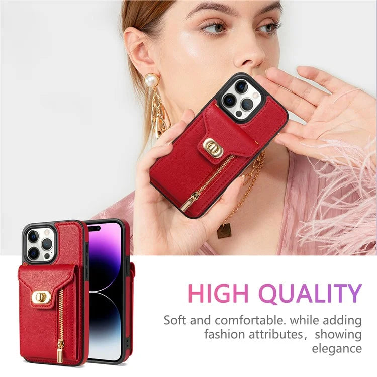 For iPhone 16 Pro Case Card Slots Kickstand PU+TPU Phone Cover with Shoulder Strap