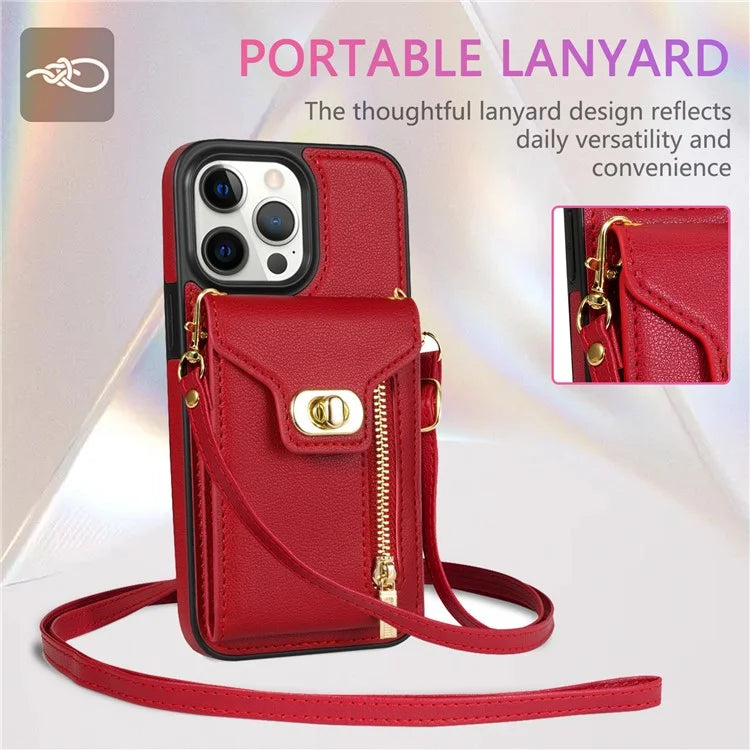 For iPhone 16 Pro Case Card Slots Kickstand PU+TPU Phone Cover with Shoulder Strap
