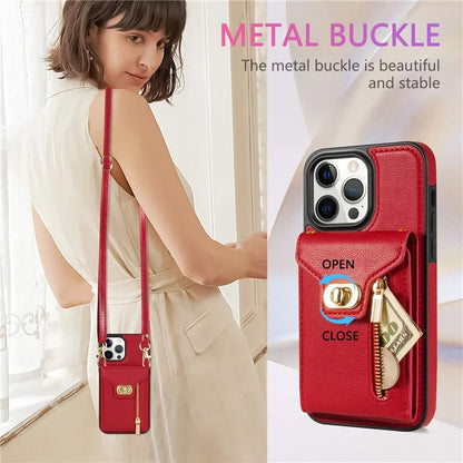 For iPhone 16 Pro Case Card Slots Kickstand PU+TPU Phone Cover with Shoulder Strap