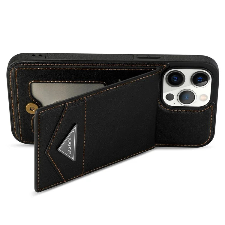 N.BEKUS For iPhone 16 Pro Max Kickstand Case Leather+TPU Card Slot Phone Cover