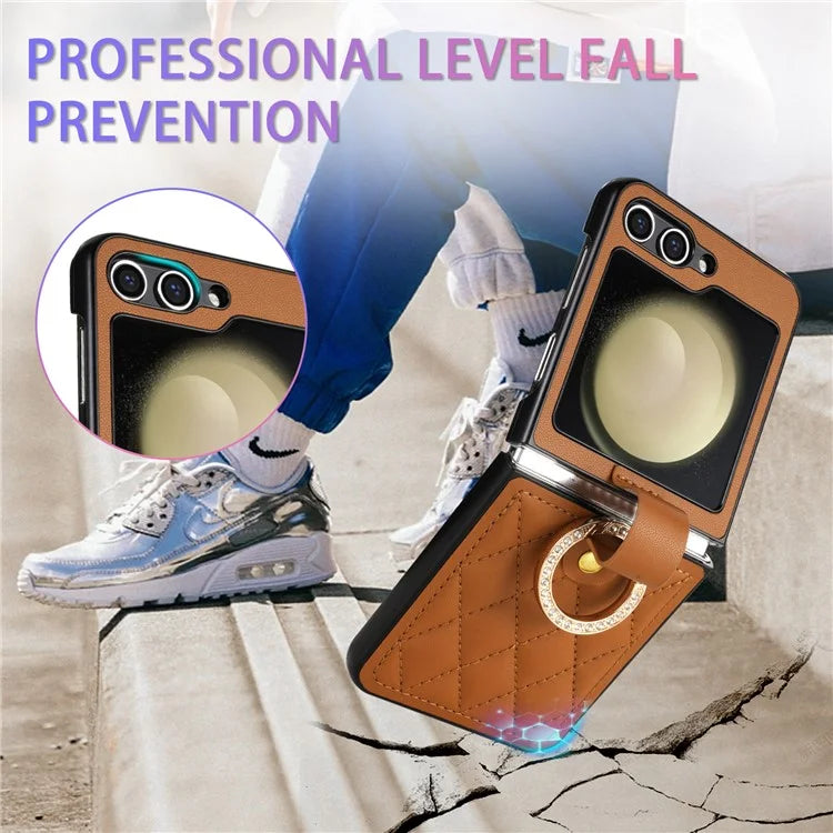 CSJ-P2 For Samsung Galaxy Z Flip6 5G / Z Flip5 5G Case Stitching Leather Phone Cover Ring Kickstand