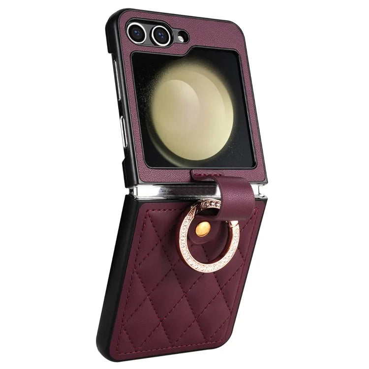 CSJ-P2 For Samsung Galaxy Z Flip6 5G / Z Flip5 5G Case Stitching Leather Phone Cover Ring Kickstand