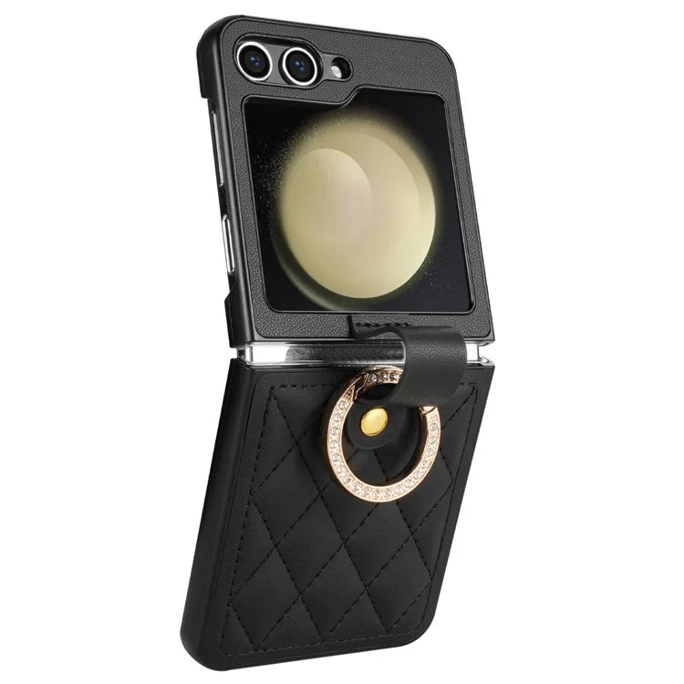CSJ-P2 For Samsung Galaxy Z Flip6 5G / Z Flip5 5G Case Stitching Leather Phone Cover Ring Kickstand