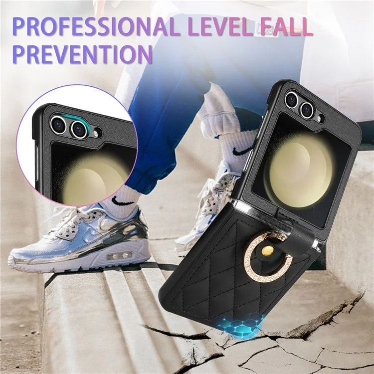 CSJ-P2 For Samsung Galaxy Z Flip6 5G / Z Flip5 5G Case Stitching Leather Phone Cover Ring Kickstand