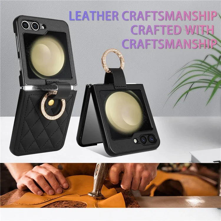 CSJ-P2 For Samsung Galaxy Z Flip6 5G / Z Flip5 5G Case Stitching Leather Phone Cover Ring Kickstand