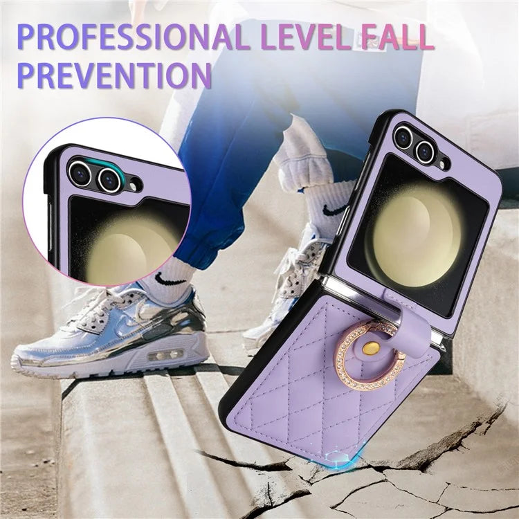 CSJ-P2 For Samsung Galaxy Z Flip6 5G / Z Flip5 5G Case Stitching Leather Phone Cover Ring Kickstand