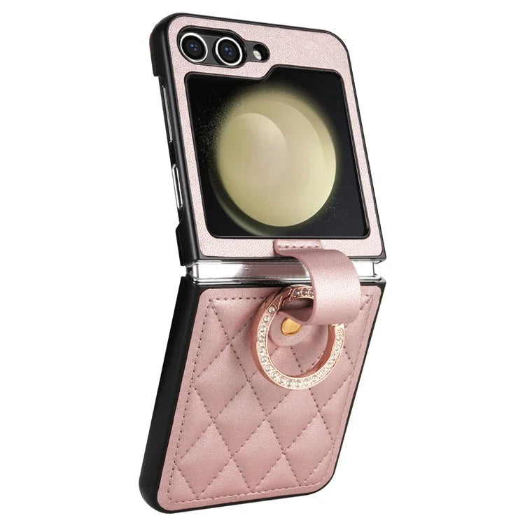 CSJ-P2 For Samsung Galaxy Z Flip6 5G / Z Flip5 5G Case Stitching Leather Phone Cover Ring Kickstand