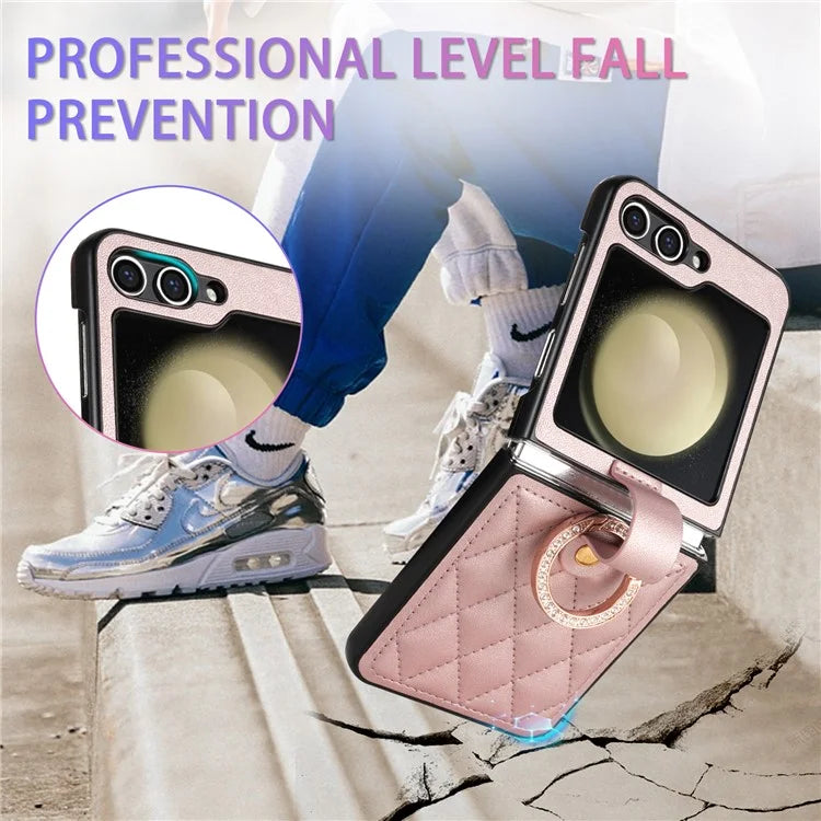 CSJ-P2 For Samsung Galaxy Z Flip6 5G / Z Flip5 5G Case Stitching Leather Phone Cover Ring Kickstand