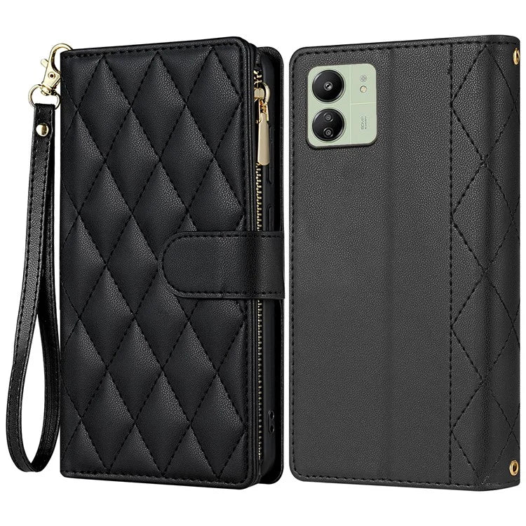 CSJ-P2 For Xiaomi Redmi 13C 4G / Poco C65 4G Wallet Case Rhombus Stitching Leather Phone Cover with Straps