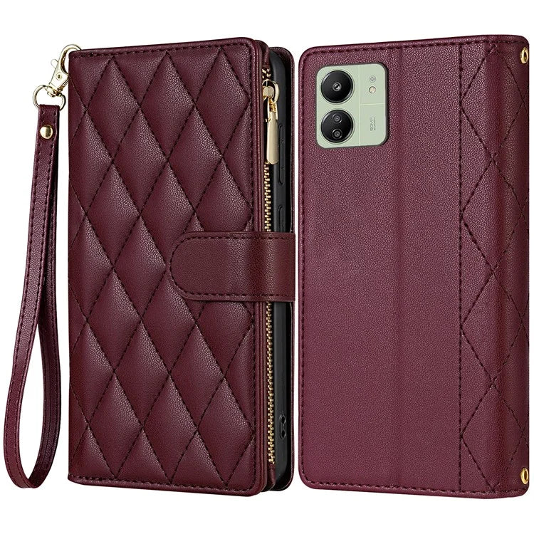 CSJ-P2 For Xiaomi Redmi 13C 4G / Poco C65 4G Wallet Case Rhombus Stitching Leather Phone Cover with Straps