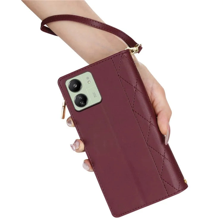 CSJ-P2 For Xiaomi Redmi 13C 4G / Poco C65 4G Wallet Case Rhombus Stitching Leather Phone Cover with Straps