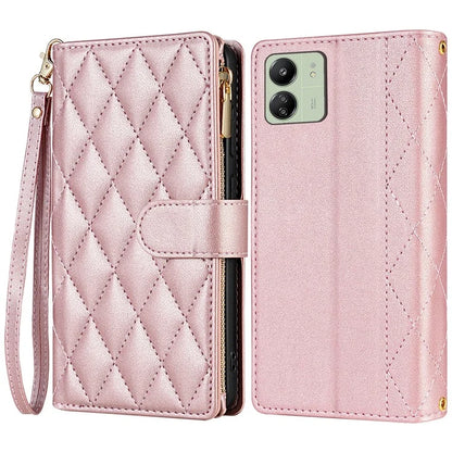 CSJ-P2 For Xiaomi Redmi 13C 4G / Poco C65 4G Wallet Case Rhombus Stitching Leather Phone Cover with Straps