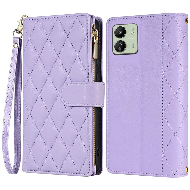 CSJ-P2 For Xiaomi Redmi 13C 4G / Poco C65 4G Wallet Case Rhombus Stitching Leather Phone Cover with Straps