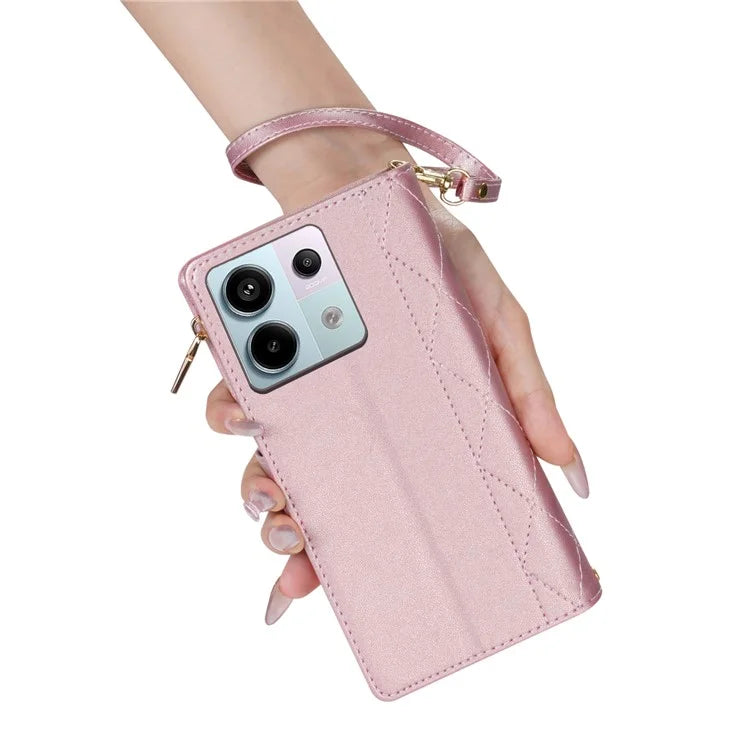 CSJ-P2 For Xiaomi Redmi Note 13 5G Wallet Phone Case Rhombus Stitching Leather Cover with Straps